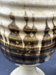 Two Studio Art Pottery Wine Water Goblets Artist Signed Matching Cream & Brown