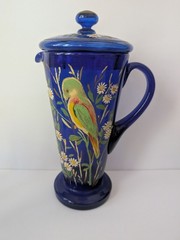 Antique Bohemian Czech Cobalt Blue Glass Pitcher Tumbler Set Parrot Bird Flowers