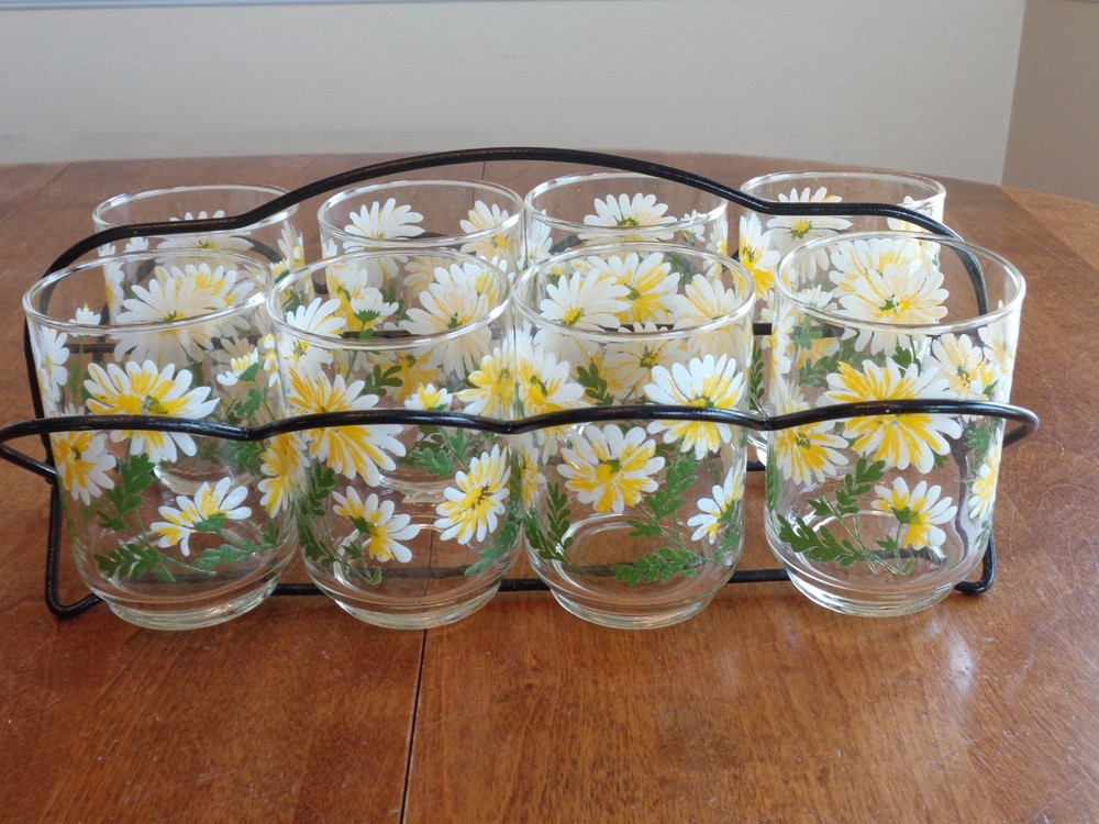 LIBBEY DAISY 10 OZ FLAT TUMBLERS W/HOLDER LOT OF 8