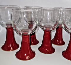 6 Vintage Crisa Clear Glass Low Tumbler W Studio Pottery Terracotta Bases Unique
