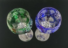 (2) AJKA CRYSTAL MARSALA WINE GLASSES COBALT BLUE & GREEN 8.25″