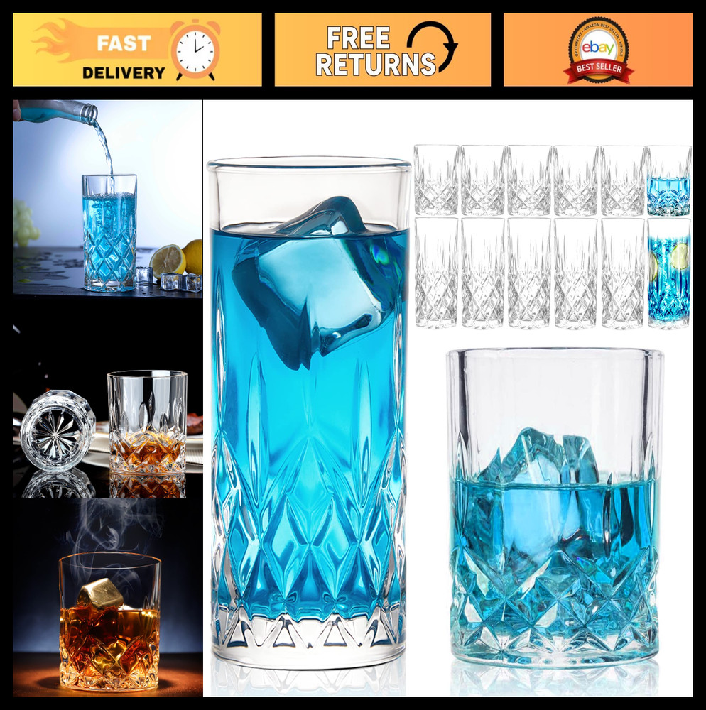 12-Piece Crystal Drinking Glass Set, 6 Old Fashioned & 6 Whiskey Glasses, Perfec