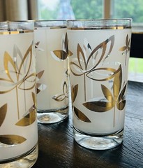 Set Of 8 Rare Libby MCM Gold Leaf Water Lily Tumblers Glasses Frosted