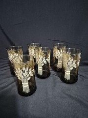 BROWN FALL AUTUMN LIBBEY FRAMCO WHEAT SHEAF PATTERN GLASSES VINTAGE LOT OF 6