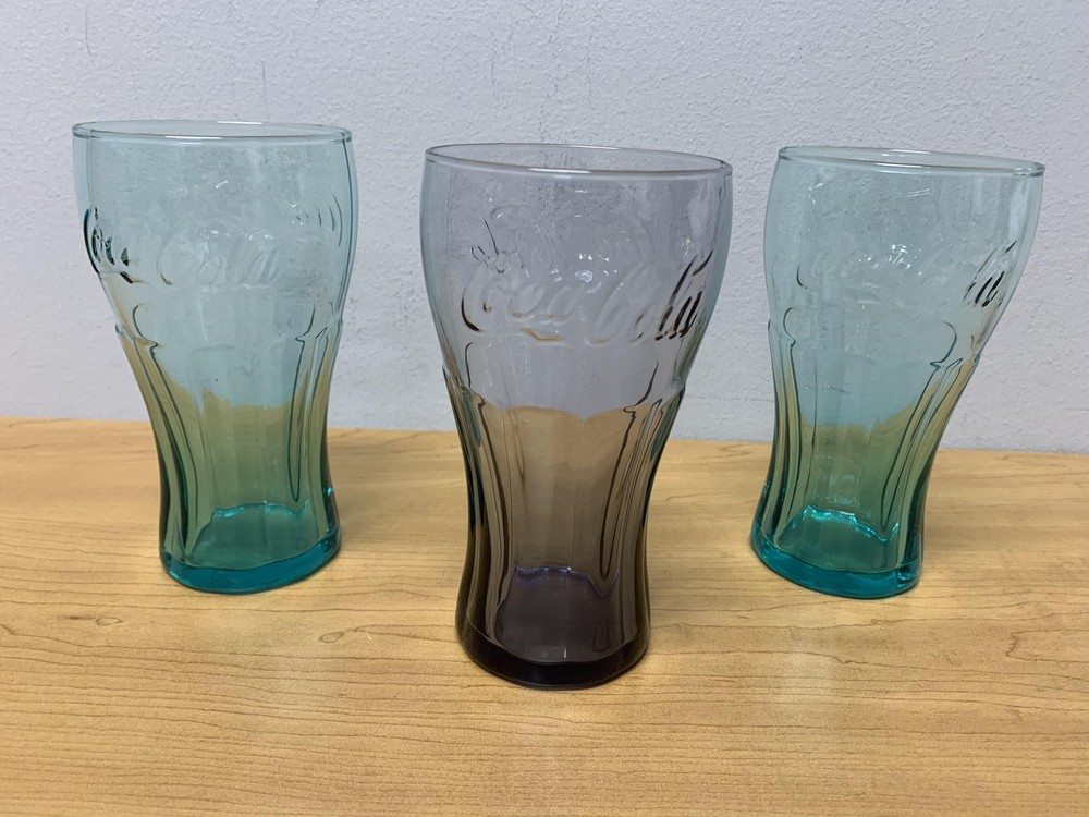 Coca-Cola Contour Glasses Set Of 3 Aqua Turquoise Purple Embossed Cups