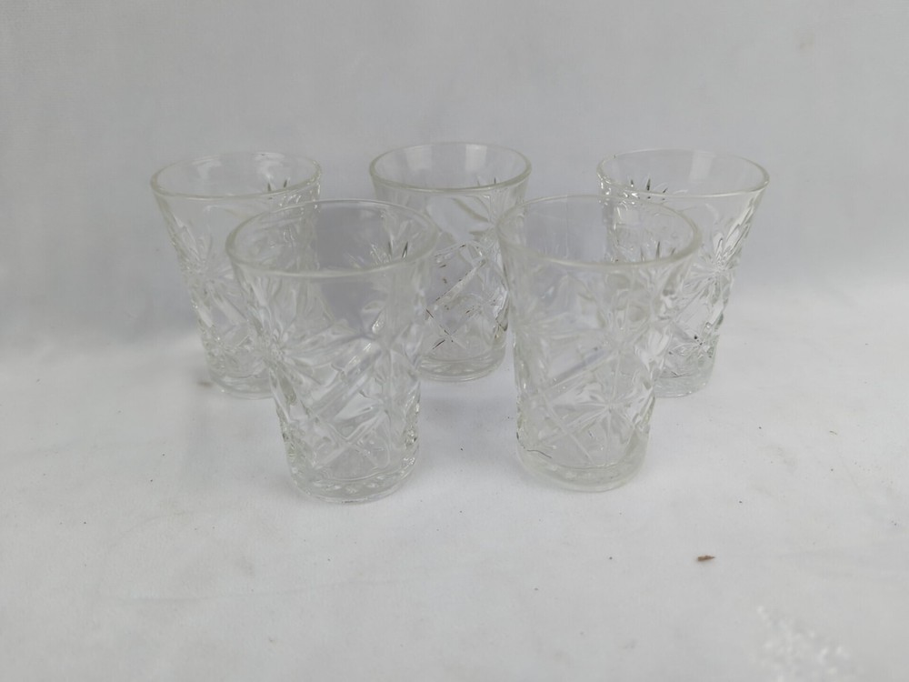 5 Anchor Hocking Clear Glass Early American Prescut Flared 3 1/2″ Juice Glasses
