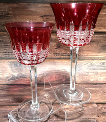 Waterford Crystal SIMPLY PINK Red Water Goblets / Glasses SET OF TWO 8 1/4″ EUC