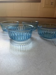 Vintage set of Fortecrisa Blue Azure Ice 8oz glass cups (8) and 4 cereal bowls.