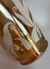 Vintage Marigold Carnival Glass With Painted White Feathers & Leaves w/ice Lip