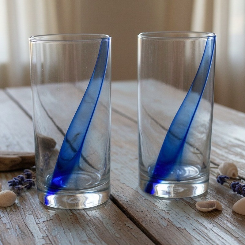 Libbey Impressions Cobalt Blue Ribbon Tumblers, Set of 2, Swirl Dimpled Glasses