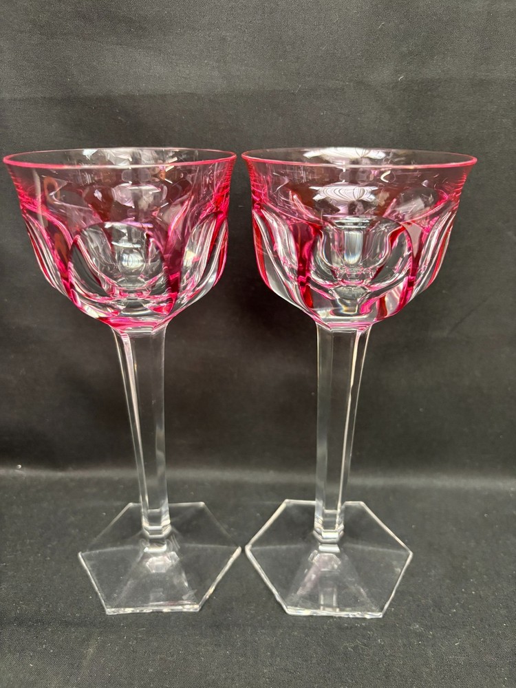 Set of 2 ~ Moser Crystal ~ Rose ~ Wine Hocks ~ 7 1/2″ Tall ~ Hexagon Base