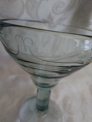 Hand Blown Etched 6in Margarita Glass Pale Green Tint Recycled Glass Mexico