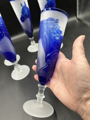 VTG Cameo Glass Horse Champagne Flutes 5 Pc Blue Frosted Hand Carved Equestrian
