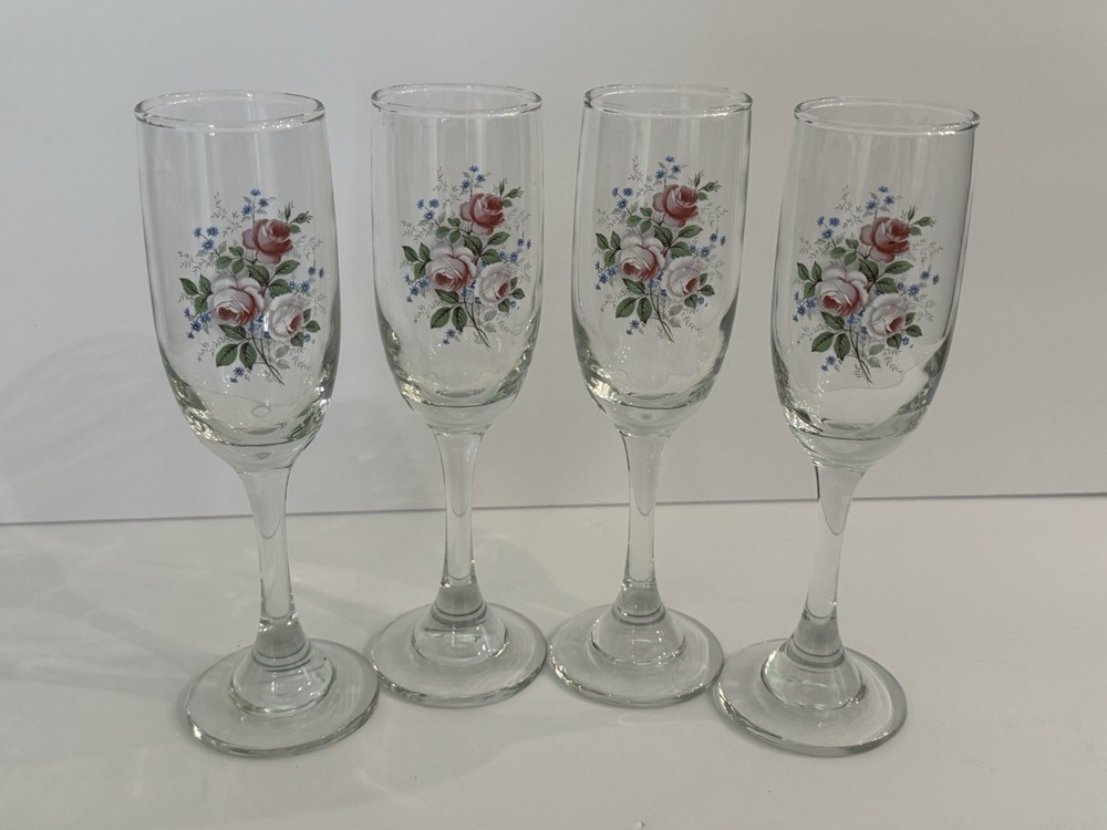 Vintage Floral Roses Wine Glass Glasses Champagne Flute Set of 4