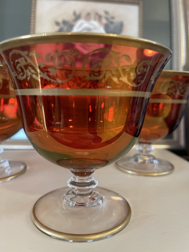 VTG Interglass Italy Red Crystal Glass 24K Gold Italian Dessert Goblet Set Of 3