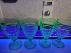 Hazel Atlas Colonial Block Optic Uranium Green Glass Water Goblets Set of 4