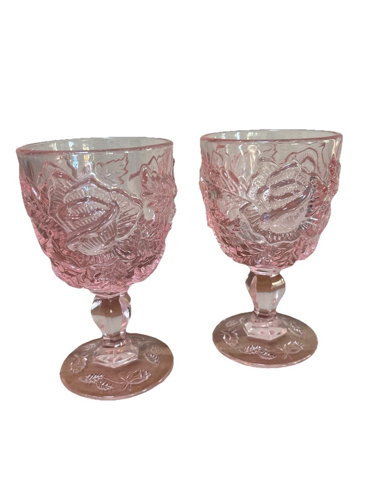 Pair of 2 Vintage Pink Madonna Inn 5” Wine Goblets Wild Rose Fenton LG Wright
