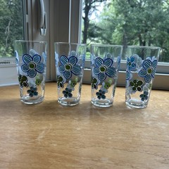 4 VTG Retro KIG Glassware Floral Tumblers Glass Blue White Flower 6” Excellent