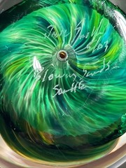Vtg Hand Blown Art Glass Swirl Paperweight Emerald Green Amber Brown Cavern Orb