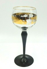 VINTAGE BLACK STEM CRYSTAL WINE GLASS WITH ETCHED & CUT GOLD BANDS