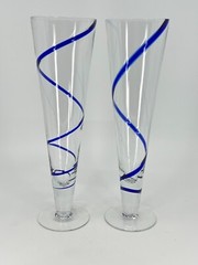 2 Pier 1 Imports Cobalt Blue Swirl Swirline Hand Blown Pilsner Beer Glasses