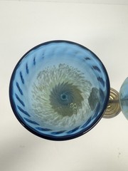 Set 2 Hand Blown Studio Art Wine Glasses Blue Iridescent w/ Twisted Cane Stems