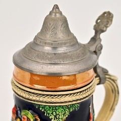 Original Vintage Signed German Ceramic Hand Painted Glazed Pewter Lid Beer Stein