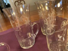 Set of 5 Vintage Floral Etched Glass Handled Glasses 5 1/2″, and Pitcher 9”
