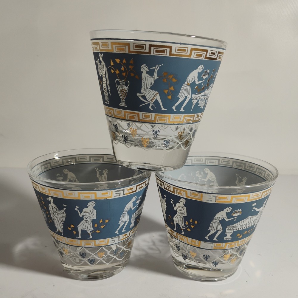 CERA GLASS MCM Set of 4 Vintage Etruscan Frieze Double Old Fashioned Glasses