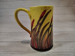 Linden Hills Pottery, Signed MK, Hand Painted, Coffee/Tea, Mug Cup, Floral Art