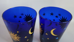Vintage Libbey Cobalt Blue Celestial Sun Moon Stars 2 Glasses Made In USA 4.5″