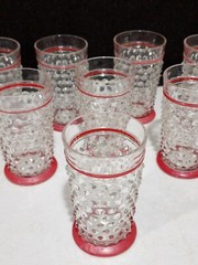 SET OF 8- Vintage Anchor Hocking Hobnail Tumblers Red Base & Stripe IN CARRIER!