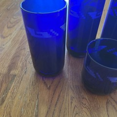 5 Vtg Cobalt Blue Libbey Metropolitan Etched Aztec Tumblers 6” Round Bottom