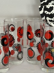 4 Vintage Italian Cerve MCM Red & Black Retro Glass Tumblers | Geometric Design