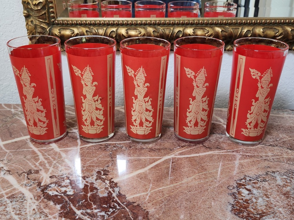 5 Vintage MCM Culver Red Gold Siam Thai Goddess High Ball Glasses Tumblers 60s