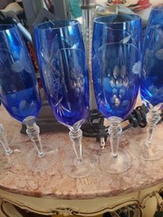 6 Vintage Bohemian Cut To Clear 9 In Cobalt Blue Crystal Champagne Flutes