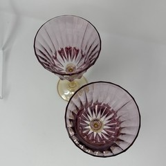 Pair of Italian Blown Glass Wine Goblets Pink Glass Bowl Gold Stem