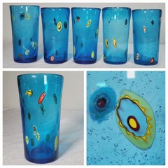Set Of 5 Murano Italy Style Blue Millifiore Hand Blown 6.5” Tumblers Pulegoso