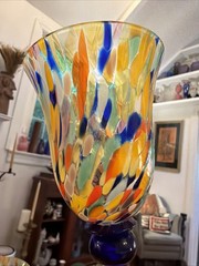 Pair Bohemian Czech Art Glass Spatter Confetti Wine Goblets 8.75” Cobalt Stem