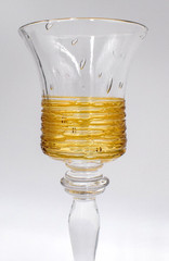 Set of Fry Amber Threading Art Glassware – 3 Champagnes, 4 Cordials