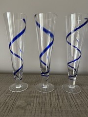3 Pier 1 Imports Cobalt Blue Swirline Hand Blown Footed Pilsner Beer Glasses