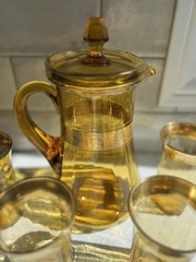Rare Vintage Tiffin Rambler Rose Amber Pitcher w/ Lid and 4 Tumblers- Stem 14196