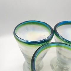 Three Hand Blown Stemware V-Shaped Glasses All Iridescent Green & Blue Band