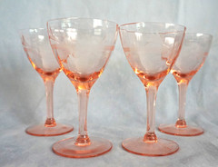 Pink Depression Glass Sherry Cordial Optic Glass Etched Flower Band Set of 4