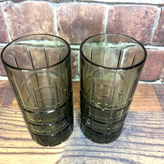 2 Vtg Anchor Hocking Green Glass Manchester Tartan Plaid 12 oz Tumblers Pair MCM