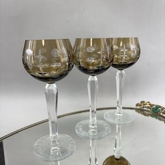 Set/3 Cut To Clear Smoke Bohemian Crystal Hock Wine Glasses 7.25” Mint Amber