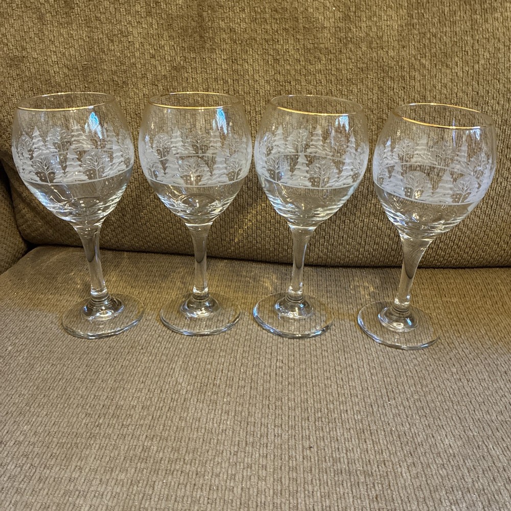 4 ARBY’S 8″ Wine Goblets Frosted Christmas Winter Snow Pine Trees Gold Rim #2