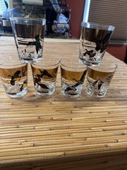 Les Kouba WILD FOWLS GOLD GLASS /TUMBLERS. Set Of 6.