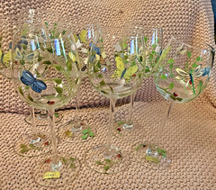 VTG Lenox Butterfly Meadow Hand Painted Crystal Wine Glasses Goblet Set of 7