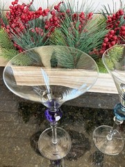 GEMSTONES by Gorham 2 Martini Glasses Purple & Emerald Green 9 3/8 Chip REPAIRED